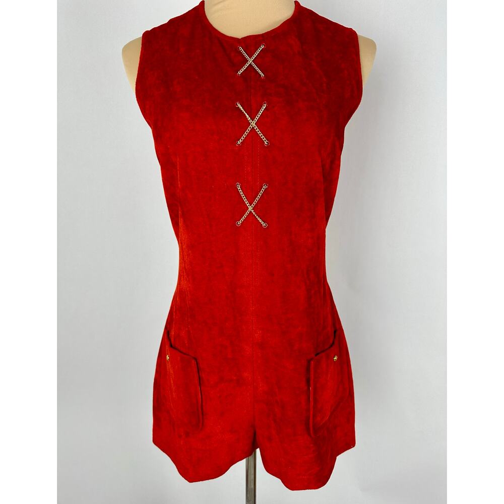 Vintage 60s Mod Go Go Red Orange Suede Romper Playsuit Festival Hippie Size M